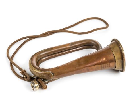 *Liverpool Pals. WWI copper and brass bugle,  stamped RUSHWORTH & DREAPER ISLINGTON LIVERPOOL 2144 18TH L-POOL 1915, 27.5cm l