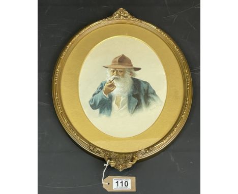 Italian School, early 20th Century, portrait of a bearded man, bust-length smoking a pipe, oval, indistinctly signed l.r., wa