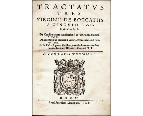 [Canon and Civil Law] Boccacci, 1598 NOT IN USA FIRST EDITION OF THREE WORKS ON CANON AND CIVIL LAWNOT IN USABOCCACCI, VIRGIN