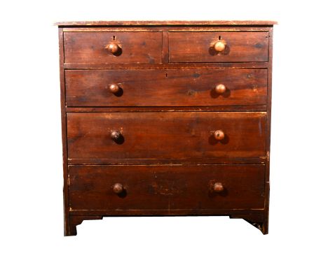 A Victorian stained pine chest of drawers, with two short and three long drawers, bracket feet, width 99cm, depth 49cm, heigh