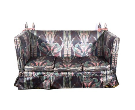 A knoll type settee, Art Nouveau style cotton print loose covers, width 180cm, depth 86cm, height 90cm.