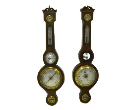 A small mahogany banjo shape wall barometer, silvered monitor over, 61cm; and a similar barometer, incorporating a clock, dia