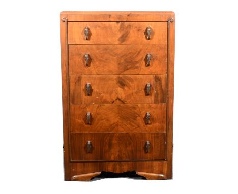 A 1930s walnut tallboy chest, with five long drawers, bracket feet, width 76cm, depth 47cm, height 117cm.