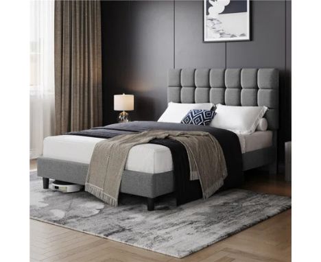 RRP: 179.99 - YAHEETECH SIZE MODERN UPHOLSTERED BED FRAME WITH SQUARE TUFTED HEADBOARD COLOUR: LIGHT GREY, SIZE: DOUBLE (4'6)