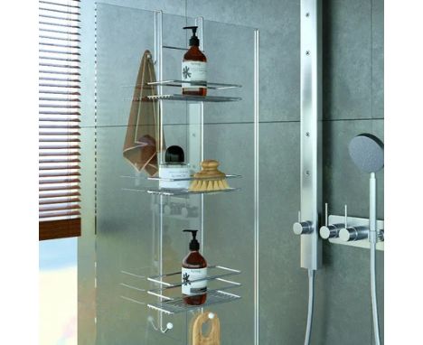 RRP: 24.99 - BELFRY BATHROOM KAEDEN 3 TIERS CHROME BATH GLASS CABINET HANGER OVER DOOR SHOWER CADDY ORGANISER RACK  / APPEARS