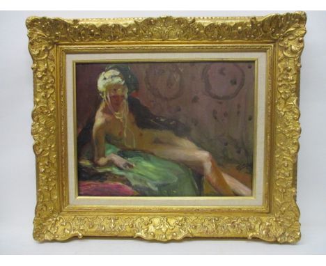Early 20th century School - a nude portrait of a woman reclining on a bed, oil on panel, bears a signature, 12 3/4" x 16 1/4"