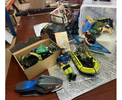 A collection of Action Man figures with accompanying vehicles to include a rare 'Palitoy Regd- Action Man Is Here' vinyl,  si