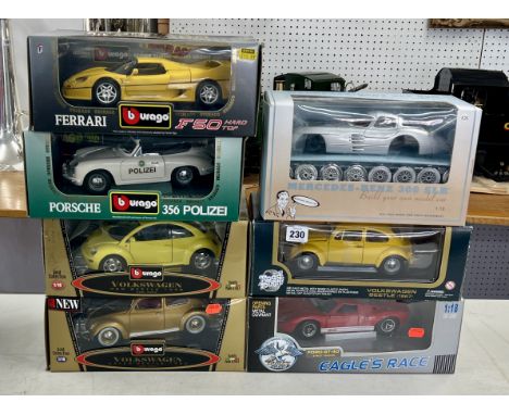 Burago, four various scale models, boxed, together with three other models including diecast 'Eagle's Race', boxed. (7)