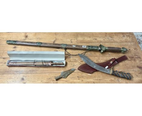 A collection of a short sword (approx. 42cm) and dual sword, both with wood and metal, scabbard and hilt (approx. 106cm); dag