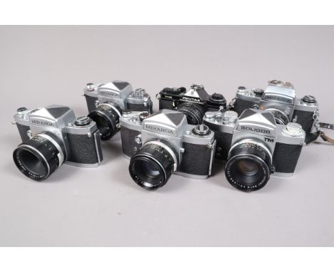A Collection of Miranda SLR Cameras, comprising a Miranda DR with Auto-Miranda EC 50mm f/1.8 lens, a Miranda F with Miranda 5