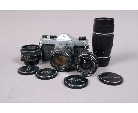 An Asahi Pentax Spotmatic Camera Outfit, shutter working, self timer working, meter untested, body G, with Super-Takumar 50mm