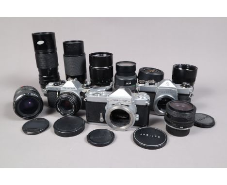 SLR Cameras and Lenses, a Nikon Nikkormat FTN body, an Asahi Pentax SP500 body, an ME Super camera with an SMC Pentax-M 50mm 