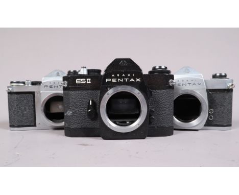 Three Asahi Pentax Camera Bodies, an ES II, black, shutter working in manual mode, meter responsive, body G, a Spotmatic, shu