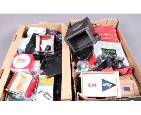 Two Trays of Photographic Accessories, items include an Argus slide viewer, a Cabin slide projector, macro bellows for M42 le