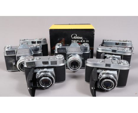 A Tray of 35mm Kodak Cameras, a Retina Reflex III, shutter working, meter unresponsive, body G, with Schneider 50mm f/2.8 Xen