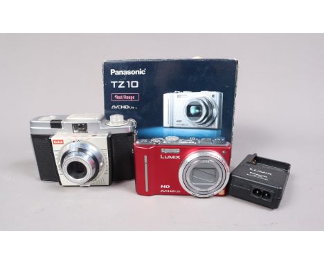 A Red Panasonic Lumix Compact Digital Camera, model DMC-TZ10, power up, takes a picture, a Leica DC Vario-Elmar 4.1-49mm f/3.