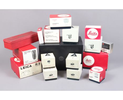 A Box of Leitz and Leica Photographic Product Boxes, comprising boxes for Leica R3 body, Leicaflex SL body, OCMOR Elmar 65mm 