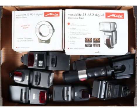A Tray of Metz Flash Units, a 15 MS-1 digital Macro Slave unit, in maker's box, with manual, a 58 AF-2 digital flash unit, in