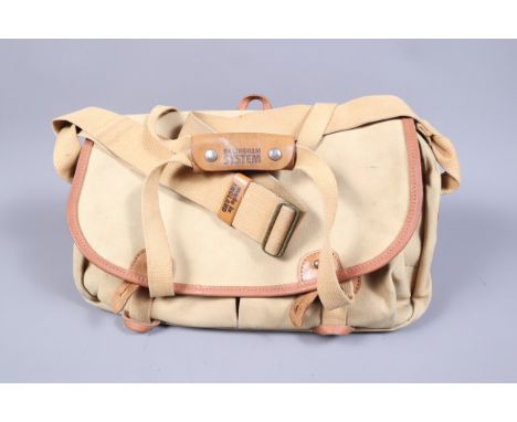 A Billingham Camera Bag, made in England, 40L x 24hH x 20W cm approx., two front pockets, foam inner sections, strap, F-G, su