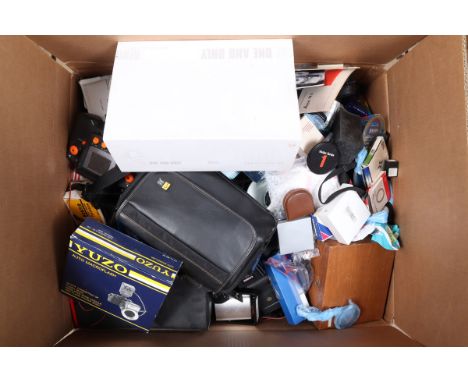 A Box of Camera Related Accessories, including flash units, filters, caps, cases, straps, caps and other items