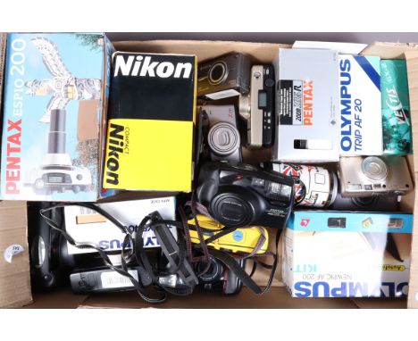 A Tray of Compact Cameras, including a Nikon Lite Touch Zoom 100W, in maker's box, a Pentax Pentax Espio 200, in inner and ou