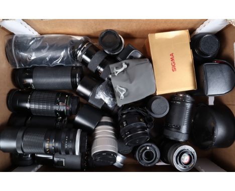 A Tray of Various SLR Lenses,  manual and AF, makers including Sigma, Pentax, Minolta, Tamron and others