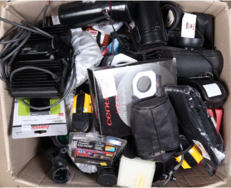 A Box of Camera Related Accessories, including flash units, filters, caps, cases, straps, caps and other items