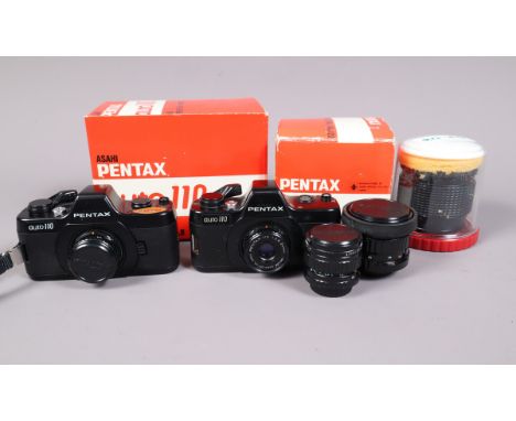 A Two Pentax Auto 110 Cameras, one in case, maker's box, with manual, shutter working, body VG, other shutter not working, bo