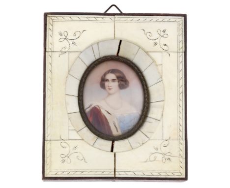 Portrait Miniature of a Lovely Socialite. 19th Century. 37 x 42mm. Young woman wearing a pearl necklace, cornflower blue dres