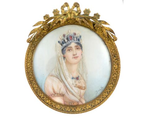 Portrait Miniature of a Young Princess. 19th Century. 65mm. Charming young woman facing ¾ right, wearing veiled tiara with ru