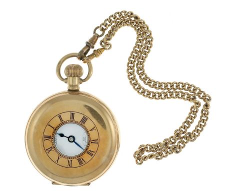 Omega Pocket Watch. Circa 20th century. White enamel face, with black Roman numerals. Blue Roman numerals on front of case. C