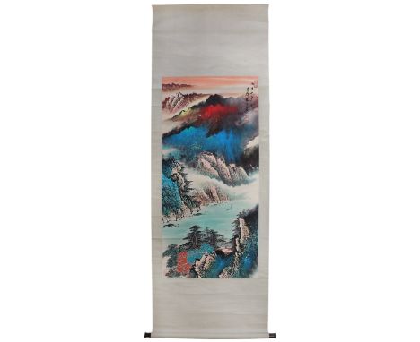 Chinese Landscape Painting on Rice Paper. 20th Century. 26 x 52" on scroll 31 ½ x 85". Mountains and water in shades of blue 