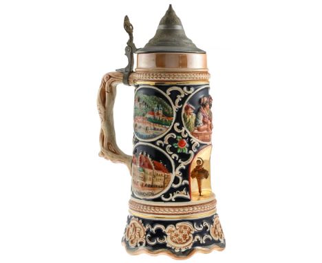 German Musical "Dancing Ballerina" Ceramic Beer Stein. 20th Century. 11" height, lidded. Various colorful scenes, Burgher and