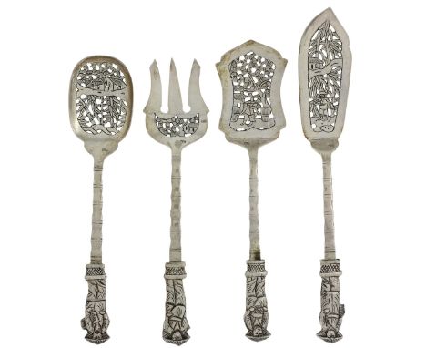 Chinese Silver Export Serving Set. Republican era. Slotted - openwork Spoon, Fork, Fish Knife and Flat Server. 6 1/3 to 7 1/3