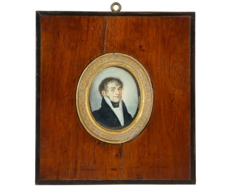 Portrait Miniature of a Young Gentleman. 19th Century. 48 x 60mm. Young man wearing high stiff white collar and blue jacket. 
