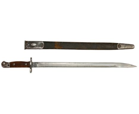 Great Britain. 1907 Pattern Bayonet. By Chapman, 1918. Wooden grip. Maker's mark, Crowned GR, date 1907, '18; test mark, acce