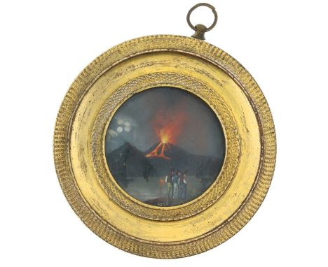 Portrait Miniature of an erupting Mt. Etna. Neopolitan, dated 1839. Oval Print, 50mm. Three men stand on promontory overlooki