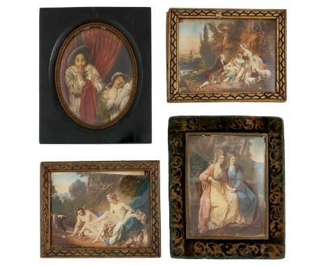 Quartet of Portrait Miniatures -- Classical and Amorous Scenes. All Prints, late 19th-20th Century. 82-65mm - Two nude young 