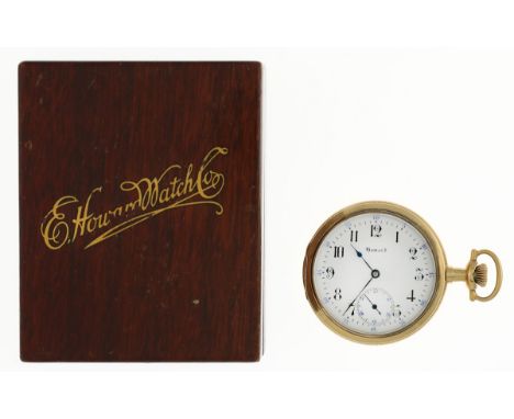 E. Howard &amp; Co. Pocket Watch. Circa 1920. Stamped 14K. White enamel face, with black Arabic numbers. Case number: 114116.