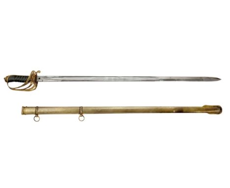 Great Britain. 1854 Pattern Infantry Officer's Sword. Brass gothic hilt guard with curved spur and crowned VRI monogram, wire