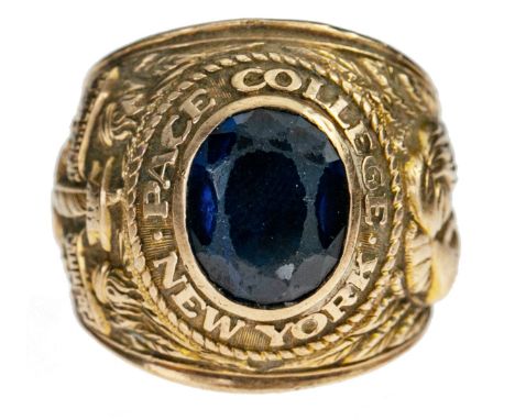 A Gentleman's College Ring. 1954. Pace College, New York. With oval brilliant of blue spinel or topaz, stamped "10 K Blafour"