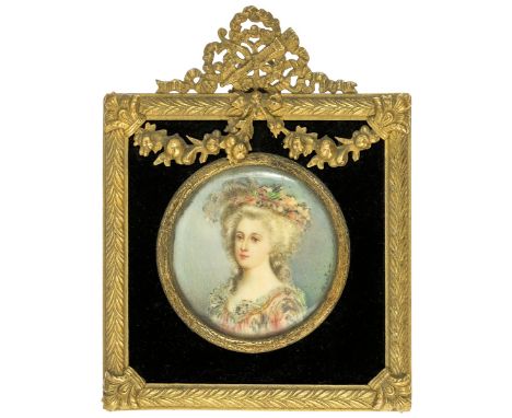 Portrait Miniature of a Lovely Young Lady. By Armand Berton. Late 19th Century. Wearing a floral-garlanded hat and colorful d