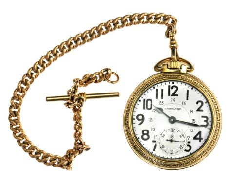 A Hamilton Pocket Watch. White enamel dial with black metal hands. Seconds dial at 6 o'clock. On curb-link chain. Possibly go