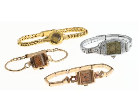 A Grouping of Ladies' Watches. Regent, square face, stamped "14 K" on reverse. Champ, square face, with two purple gems. Vale