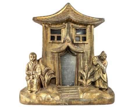 Japanese Pagoda Lamp with Two Figurines. Circa 1900s. Pot metal. Japanese elder at left holding leaf. Younger Japanese woman 