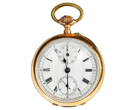 A Gold Pocket Watch. Case no. 98063. White enamel face with black hands and black Roman numerals. Stamped '.585', crown and a