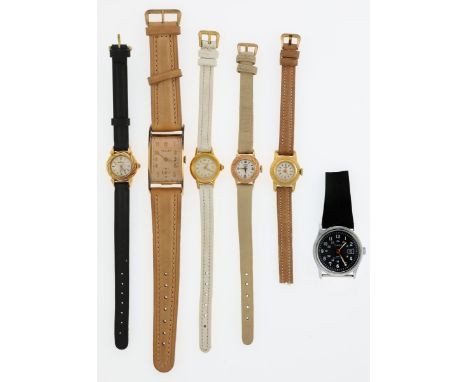 Lot of Ladies' Wrist Watches . Tollet, square face, on tan band, stamped "18 K" on reverse. Two Movado watches, 13 mm. Timex 