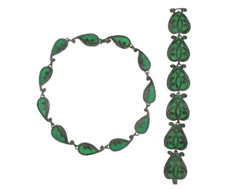 Mexican Sterling Silver and Enamel Inlay Choker and Bracelet Set. Green enamel leaf pattern. Choker: 14 ½" length; bracelet: 