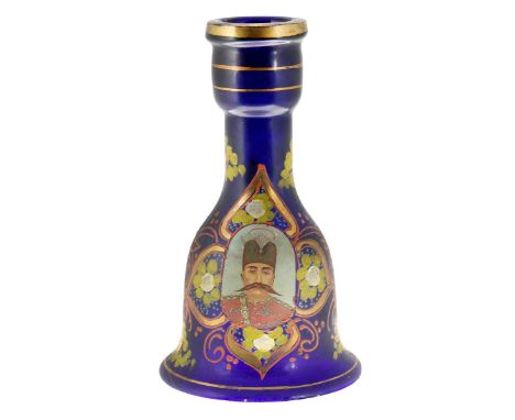 Persian Glass Bohemian Blue Bottle/Hookah Base with the Portrait of Muzaffar al-Din Shah. Ca. 1896-1900. 10 5/8" high. Hand-p
