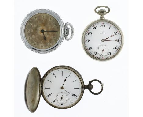 A Grouping of Pocket Watches. Contains: Omega, seconds dial at 6 o'clock, crack in enamel face, 45mm; Elgin, base metal, poor